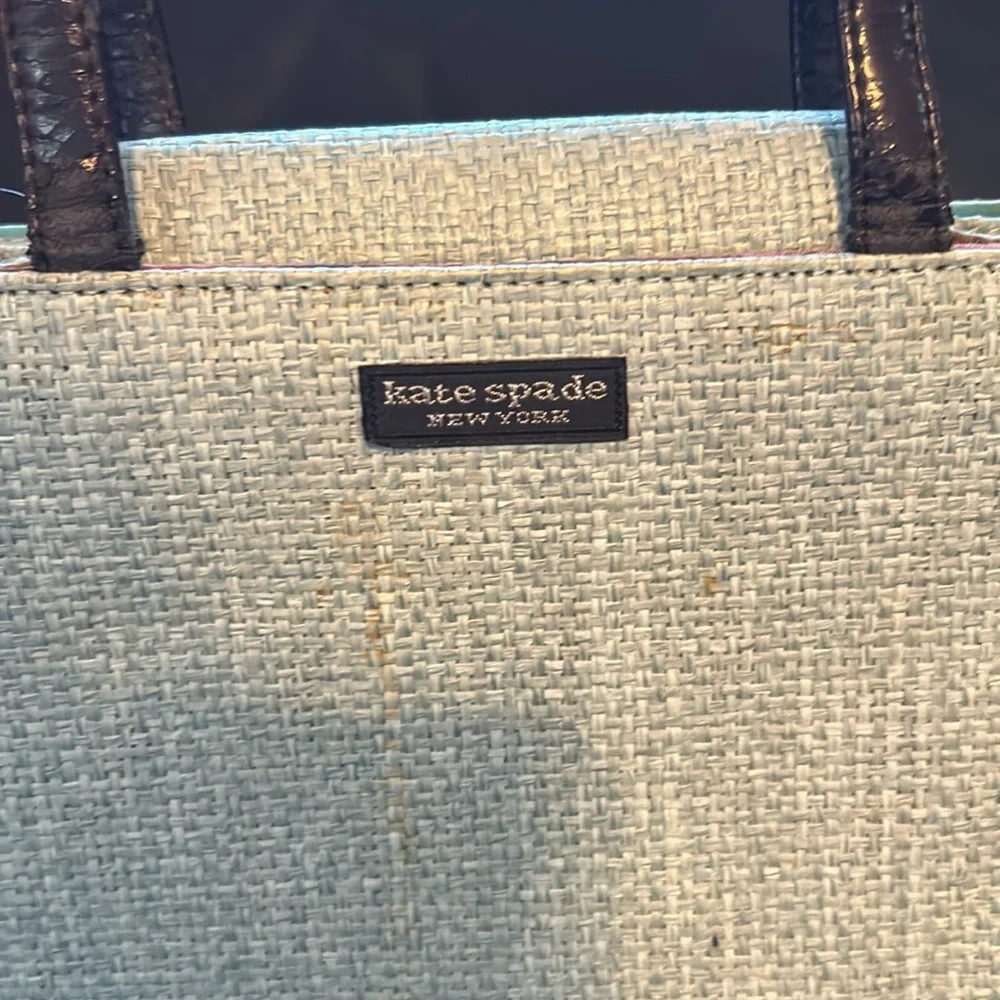 Vintage Kate Spade Teal Woven bag,  black leather handles magnet closure zipper